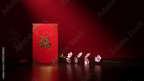 Red chinese fortune envelope with golden fu character and delicate plum blossom branch