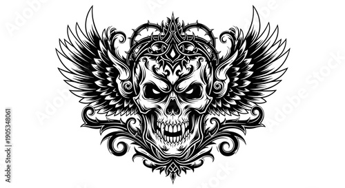 Intricate Winged Skull with Ornate Crown and Swirling Ornaments.