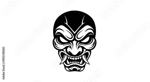 Japanese Oni Mask Illustration Black and White.