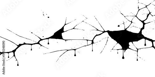 Grunge vector illustration featuring a black ink splat over a cracked paint background with a silhouette branch and a black hole in the wall