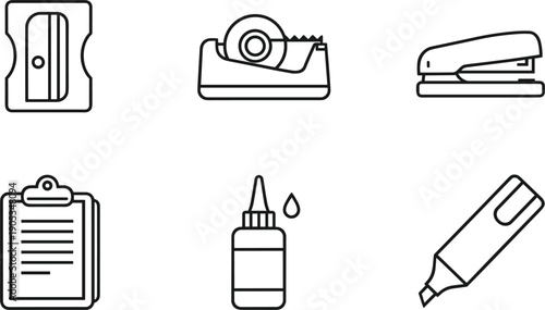 Office stationery line icons set pencil sharpener stapler tape clipboard glue marker school supplies vector collection