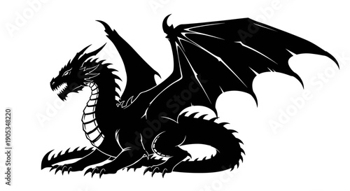 Majestic Black Dragon Silhouette with Spreading Wings.