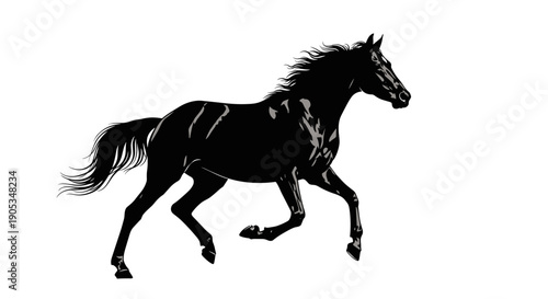 Majestic Black Horse Galloping Freely Across a White Background.