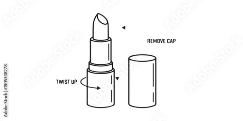 Lipstick icon with instructions simple line art for beauty and cosmetic guides isolated on white