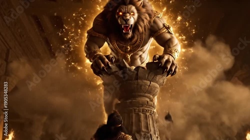 Ancient Warrior Unleashes Mythical Beast from Stone Pillar in Mystical Temple.