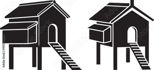 Stylized black chicken coops on stilts with ladders, representing rustic farming and poultry housing.