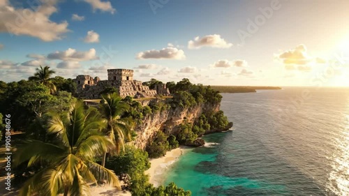 Scenic aerial view of ancient Mayan ruins perched on a cliff overlooking the turquoise Caribbean Sea at sunrise