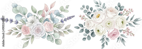 Watercolor floral wreaths with pastel colors and greenery