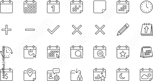 Calendar interface line icons set scheduling planning UI symbols reminders tasks time management vector collection modern