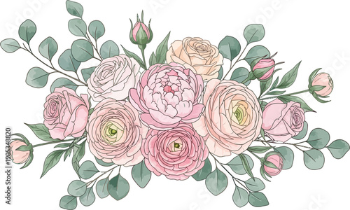A bouquet of pink roses with green leaves on a white background