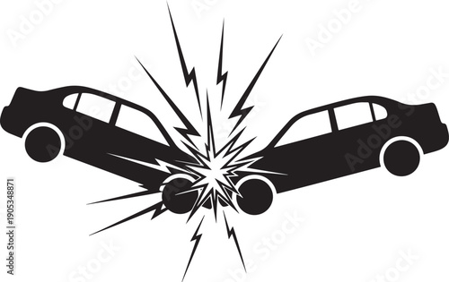 Dynamic black silhouette of two cars colliding head-on, illustrating a car accident with impact lines.
