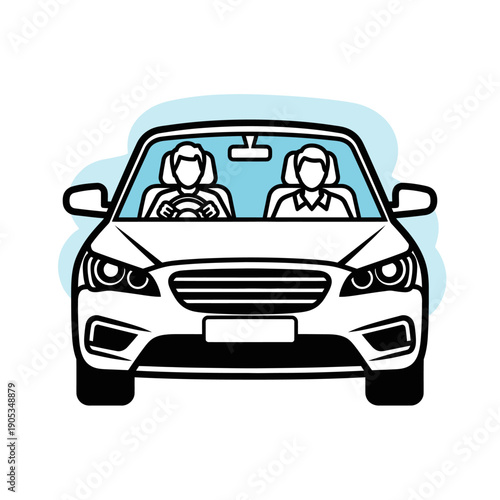 Two People Driving in a Modern Car, Front View, Simple Art Icon
