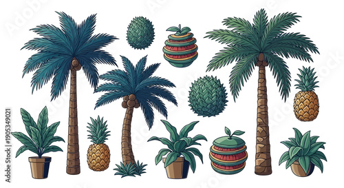 Tropical Palm Trees and Exotic Fruits Vector Collection