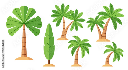 Diverse Collection of Stylized Palm Trees on Sandy Ground, Vector Illustration
