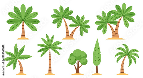 Set of Diverse Palm Trees and Green Trees Vector Illustration on White Background