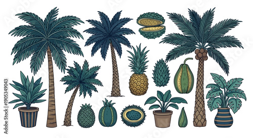 Vibrant Tropical Palm Trees, Exotic Fruits, and Lush Plants Vector Illustration Set