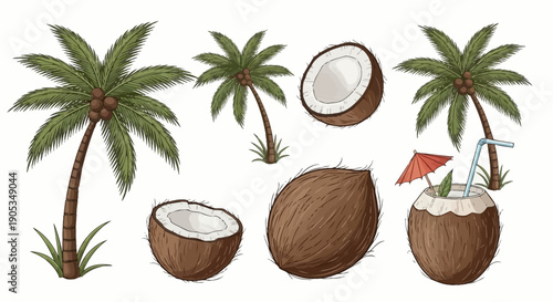 Vibrant Tropical Palm Trees and Coconuts Vector Set for Summer and Vacation Themes