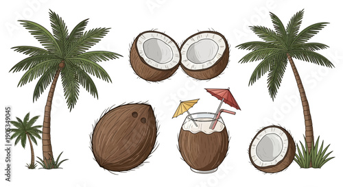 Tropical Palm Trees and Coconuts Vector Set with Coconut Drink and Halved Coconuts