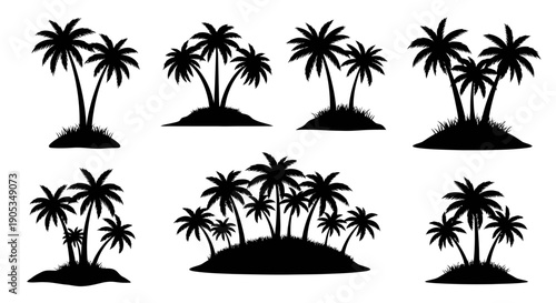 Collection of Tropical Island Palm Tree Silhouettes on White Background, Vector Art