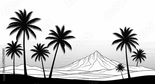 Tropical Mountain Landscape with Silhouetted Palm Trees and Rolling Hills
