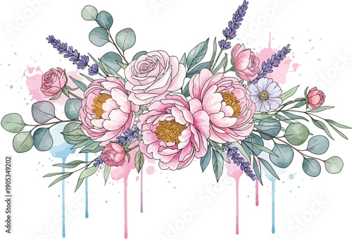 Watercolor floral arrangement with peonies and eucalyptus