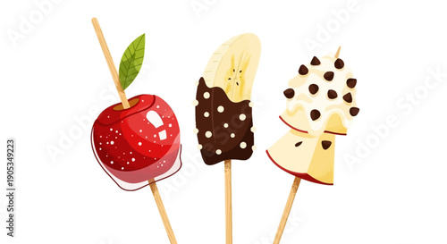 Variety of Sweet Fruit Treats on Skewers with Chocolate and Candy Coating