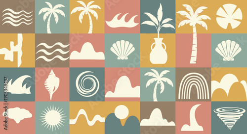 Retro Tropical Vibes Vector Pattern Illustration with Nature and Weather Elements