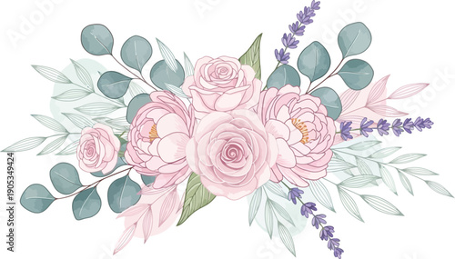 Watercolor floral arrangement with roses and eucalyptus