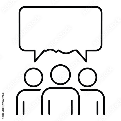 Minimalist vector illustration of three people with a speech bubble, representing discussion, conversation, or feedback.