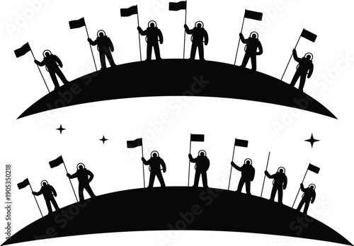 Astronauts planting flags on planet silhouettes isolated on white background, space exploration, mission success, teamwork, achievement, and futuristic cosmic adventure concept illustration set