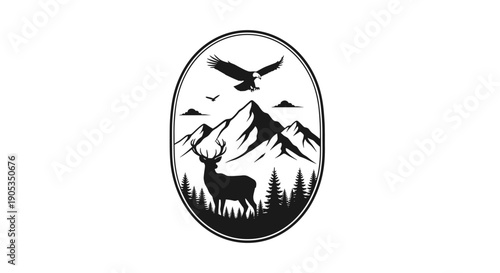 Majestic Elk and Eagle Emblem in Mountain Wilderness.