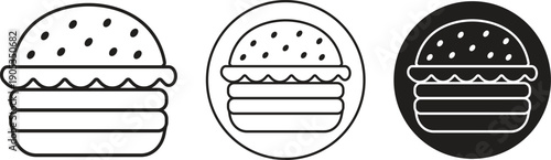 Hamburger icons set in black line styles. Featuring burger fast food symbols with round badge silhouette vectors illustration for restaurant menu branding graphic isolated on transparent background.