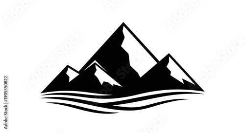 Majestic Mountain Peaks Over Wavy Water Silhouette.