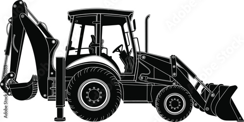Black backhoe loader silhouette isolated on white background, heavy construction machinery illustration for excavation, earthmoving, infrastructure development, engineering projects, and industrial 