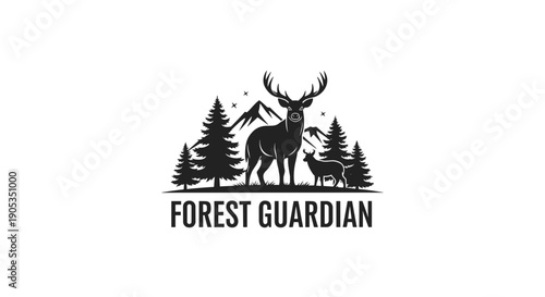 Majestic Stag and Fawn Silhouette in Forest Landscape.