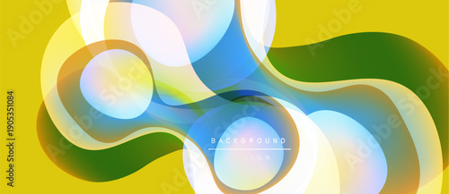 Abstract fluid shapes overlap, creating vibrant color gradients. Yellow background enhances dynamic composition. Modern design element.