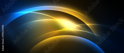 Abstract design features vibrant curves, radiating light. Blue, yellow hues create dynamic, modern visual effect. Smooth gradients dominate composition.