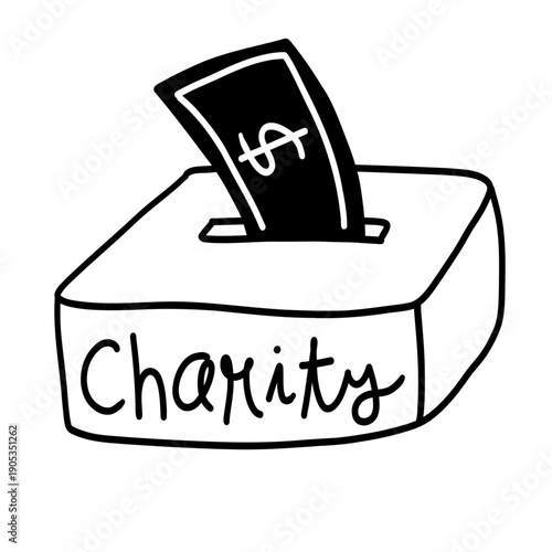 Cute money charity box with dollar coins money kids doodle hand drawn illustration sticker cutout svg