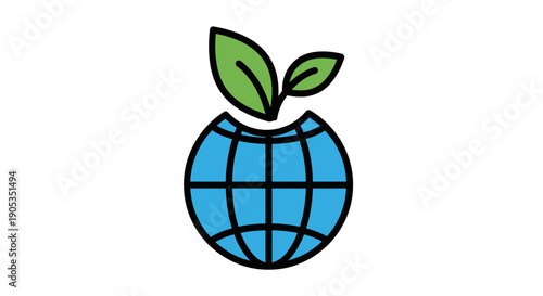 Illustration of a blue globe with a grid pattern and two green leaves on top, set against a plain white background.
