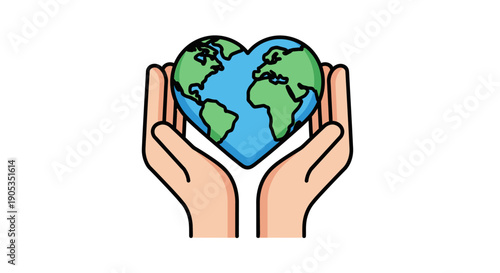Illustration of two hands cradling a heart-shaped Earth with blue oceans and green continents against a clean white background.