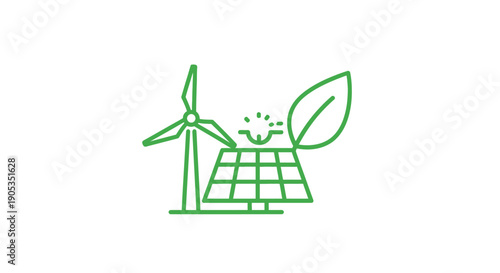 Green line drawing of a wind turbine and solar panel with a leaf on a white background.