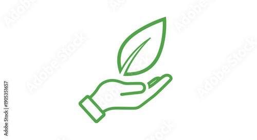 A green line drawing of a hand cradling a leaf on a white background with a simple, eco-friendly design.