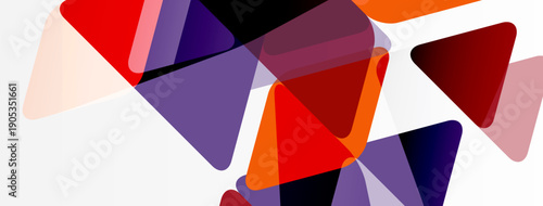 Abstract geometric shapes overlap. Red, orange, purple hues dominate white background. Modern design elements present.