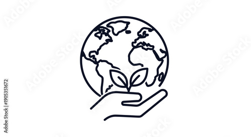 Line drawing of a hand cradling a globe with a leaf growing from it on a white background.