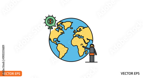 Vector illustration of a person standing next to a globe with a green virus symbol hovering above it on a white background.