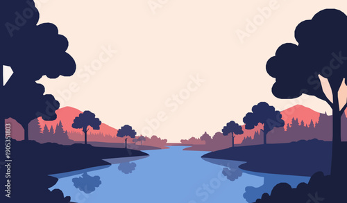 Sunset landscape vector illustration with river and mountains in warm colorful evening sky