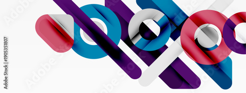 Abstract design features overlapping colorful ribbons. Shapes create dynamic composition, modern aesthetic. Clean lines, vibrant hues present.