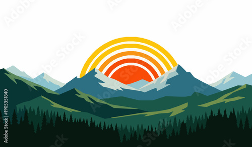 Sunrise landscape vector illustration with mountains and forest scenery in warm morning light