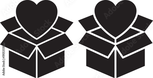 Black Heart in Open Box Icons Set Representing Love, Gifts, Generosity, and Surprise for Valentine's Day or Charity