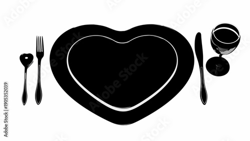 romantic heart shaped plate with cutlery and wine glass silhouette